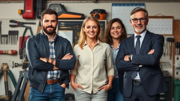 Home improvement trio posing in workshop, featuring casual and formal attire.