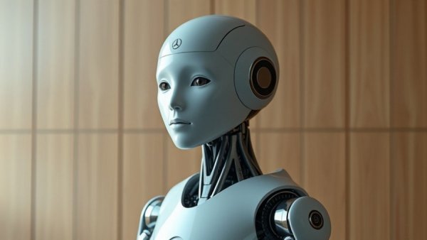 Minimalist humanoid robot in home with wooden background.