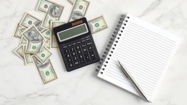 Financial planning items including money, calculator, and notepad on marble