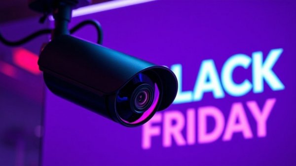 High-tech security camera with Black Friday theme.