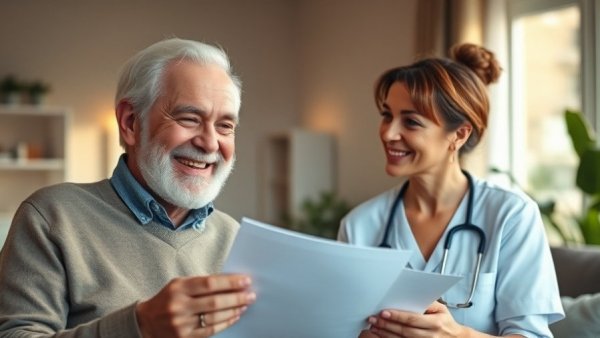 Elderly man discussing long-term care insurance with caregiver.