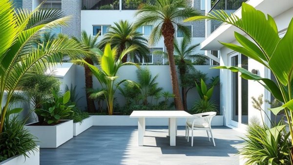 Low maintenance patio with white furniture and greenery