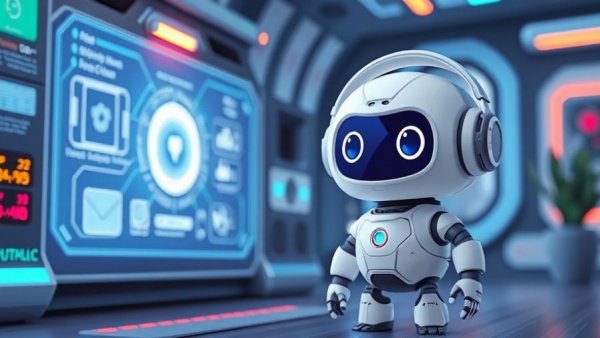 Cartoon robot with smart home interface, Tewke Tap Smart Home Hub.