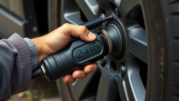 Close-up of portable tire inflator in use, illustrating free air fill-up options.