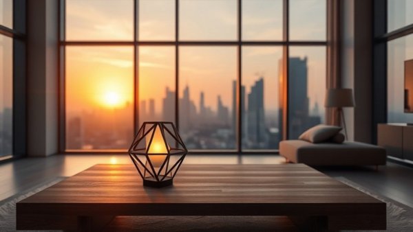 Smart Living Room Lighting Layout with modern lamp at sunset.