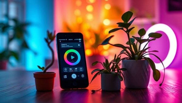 Smart home setup with phone app controlling LED lights, vibrant ambiance.