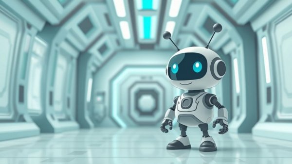 Futuristic hall with cute cartoon robot in teal and gray design.