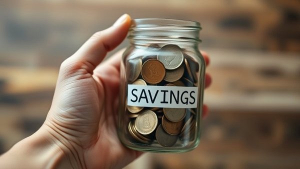 Jar of coins labeled 'SAVINGS', close-up view related to Average Business Loan Term.