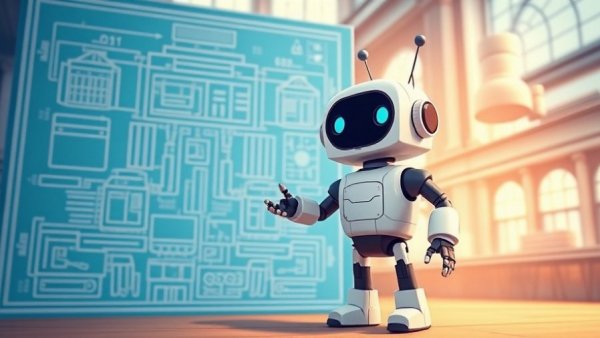 Cartoon robot with blueprint in 'Apple TV HomeKit setup' theme.