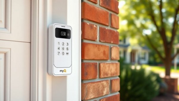 MyQ Smart Garage Door Video Keypad mounted on a brick wall in daylight.
