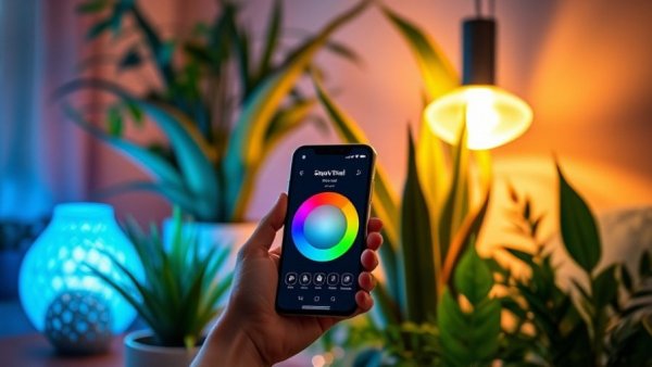 Colorful smart home setup with phone app and plants
