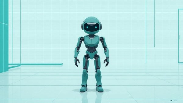 Minimalist teal robot against abstract digital grid background.