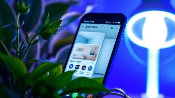 Smartphone with smart home app, lamp, and plants in vibrant setting.
