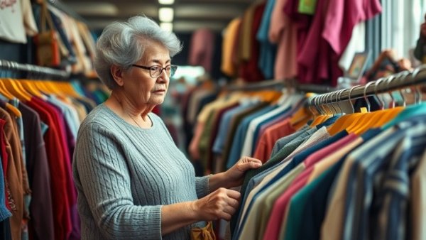 Elderly woman in thrift store browsing clothes for reselling.