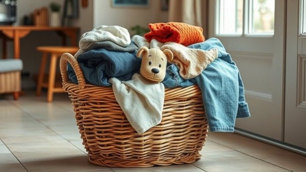 Woven basket with clothes showcasing upcycled storage solutions.