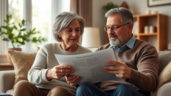 Couple discussing social security documents in living room.