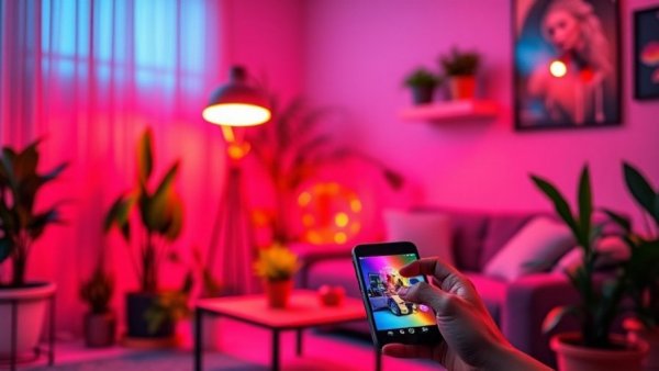 Smart home ecosystem setup with smartphone and LED light.