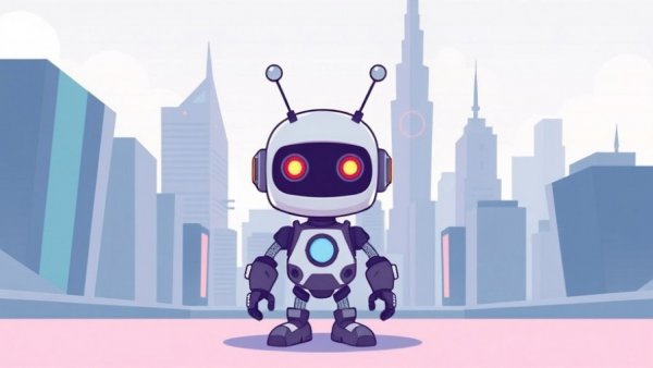 Cartoon robot with antennae in front of a geometric futuristic city, representing Home Assistant features for smart home automation.