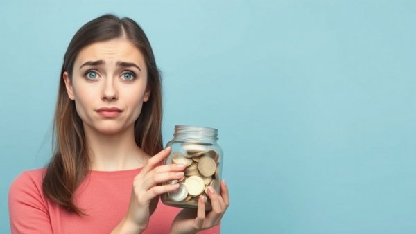 American savings crisis concept with confused woman and money jar.