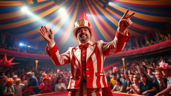Charismatic circus ringmaster exemplifying leadership.