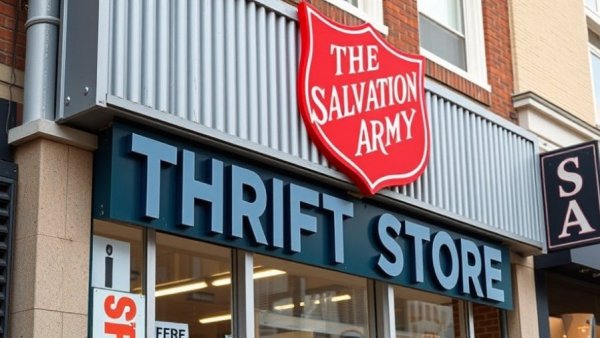 Thrifting at Salvation Army store sign with logo and text.