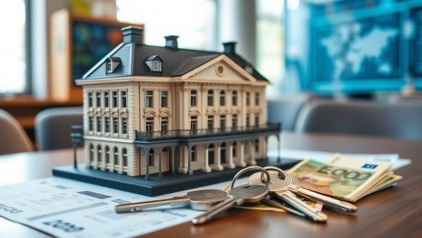 Miniature house with euro bills and graphs symbolizing SBA loan collateral.