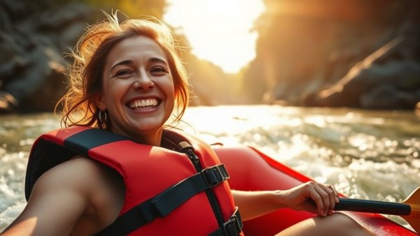 Woman happily rafting in red boat on a sunny day.