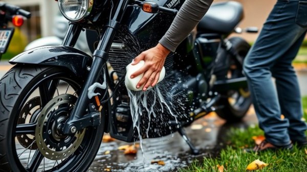 Man washing motorcycle for winterizing on residential driveway