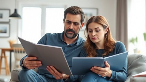 Couple discussing how much savings should be in stocks in a modern living room.
