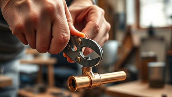 Hands using pipe cutter on copper pipe for DIY coffee maker crafting.