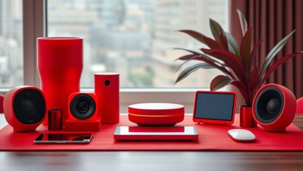 Modern smart home devices in a red-themed setup, 2025.