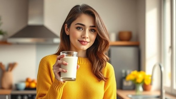 Woman enjoying low-fat milk for heart health in a sunlit kitchen