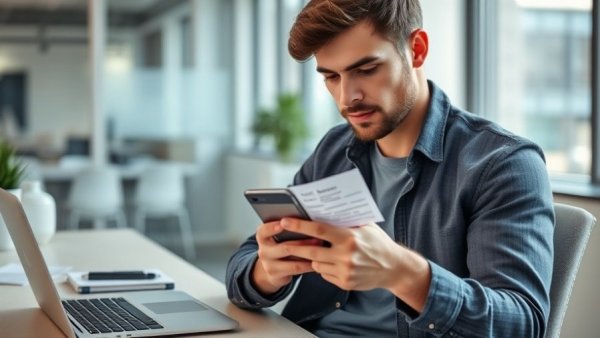 Person using smartphone for cash-back apps with receipt at a desk.