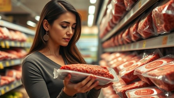 Woman considering red meat and dementia risk in grocery store.
