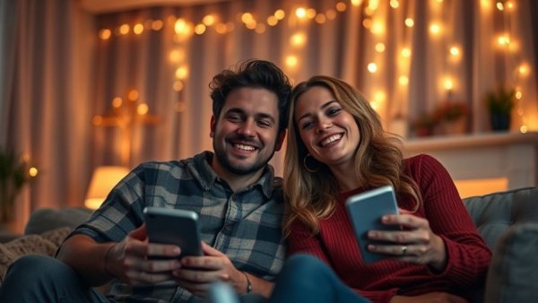 Cozy couple enjoying a movie night, streaming services as gifts.