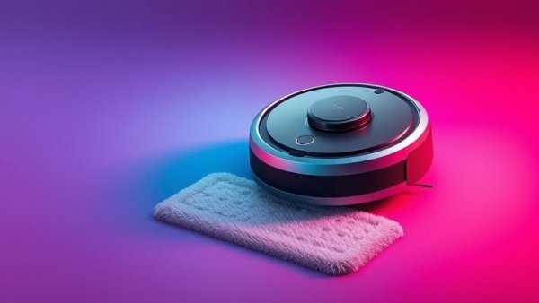 Modern robot vacuum and mop with app interface on gradient background.