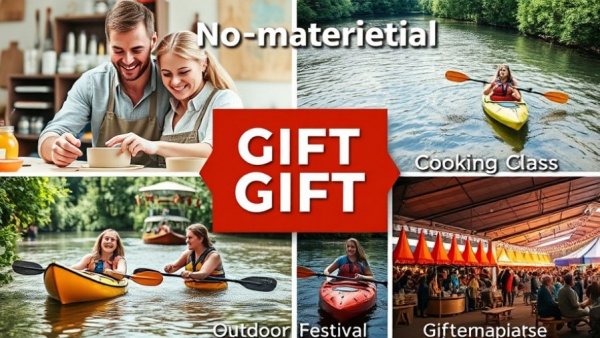 Collage of non-material gift ideas: pottery, cooking, kayaking, festival.