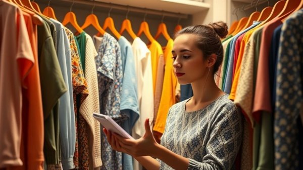 Woman deciding on clothing donations, illustrating what to never donate to thrift stores.