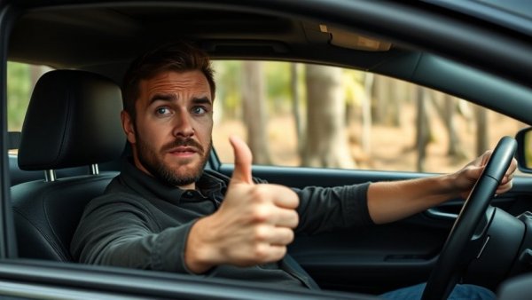 Frustrated driver reacts to insurance rates, gives thumbs down.