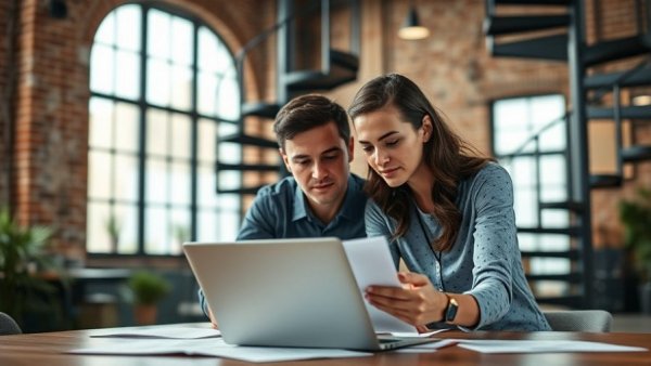 Colleagues reviewing designs on a laptop for working capital financing.