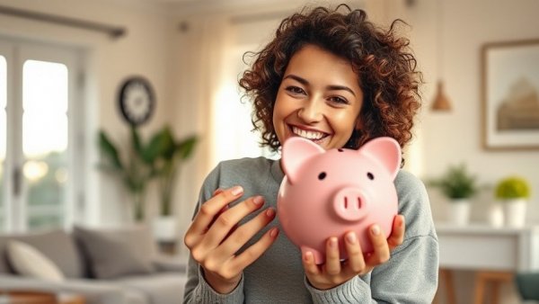 Happy woman holding piggy bank symbolizing high-yield savings accounts.