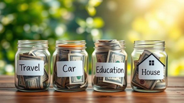 Jars labeled for financial goals with cash, suggesting a plan.