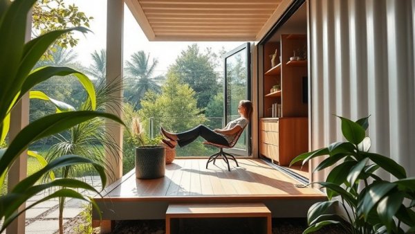 Modern home office in a shipping container, 2026 home improvement trend.