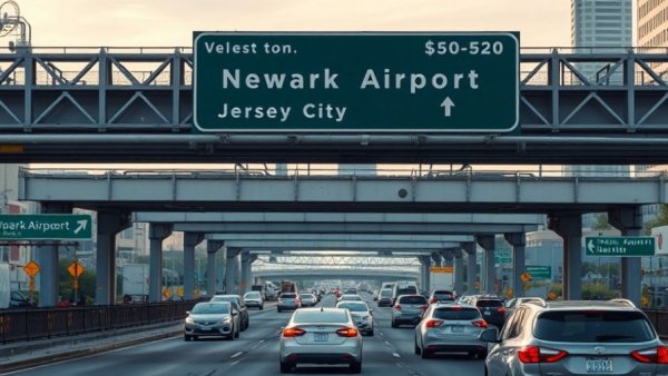 Navigate highway signs without GPS on busy road towards Newark Airport.