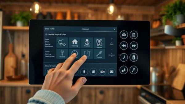 Smart home control panel in kitchen, user interacting.