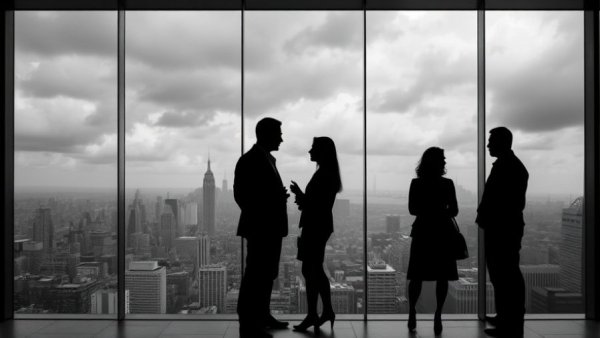 Business professionals discussing expansion loans in skyscraper.