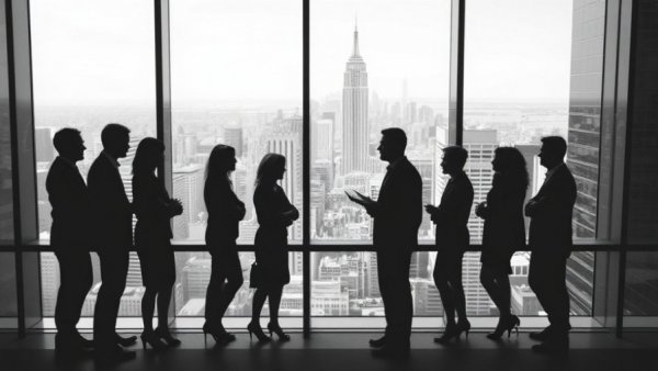 Business professionals discussing in high-rise office with city view.