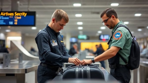 TSA agent inspecting luggage at airport security checkpoint.