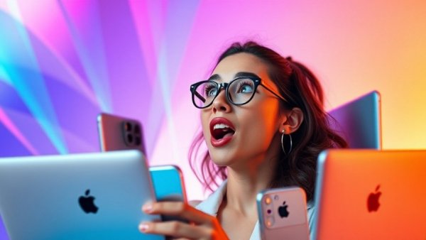 Excited woman with futuristic Apple products 2026 concept.