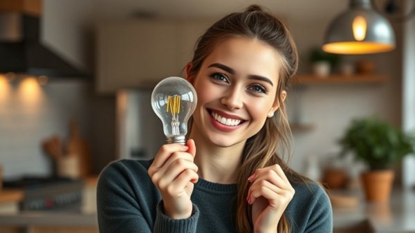 Cheerful woman holds LED bulb in a kitchen, highlighting LED bulb lifespan.